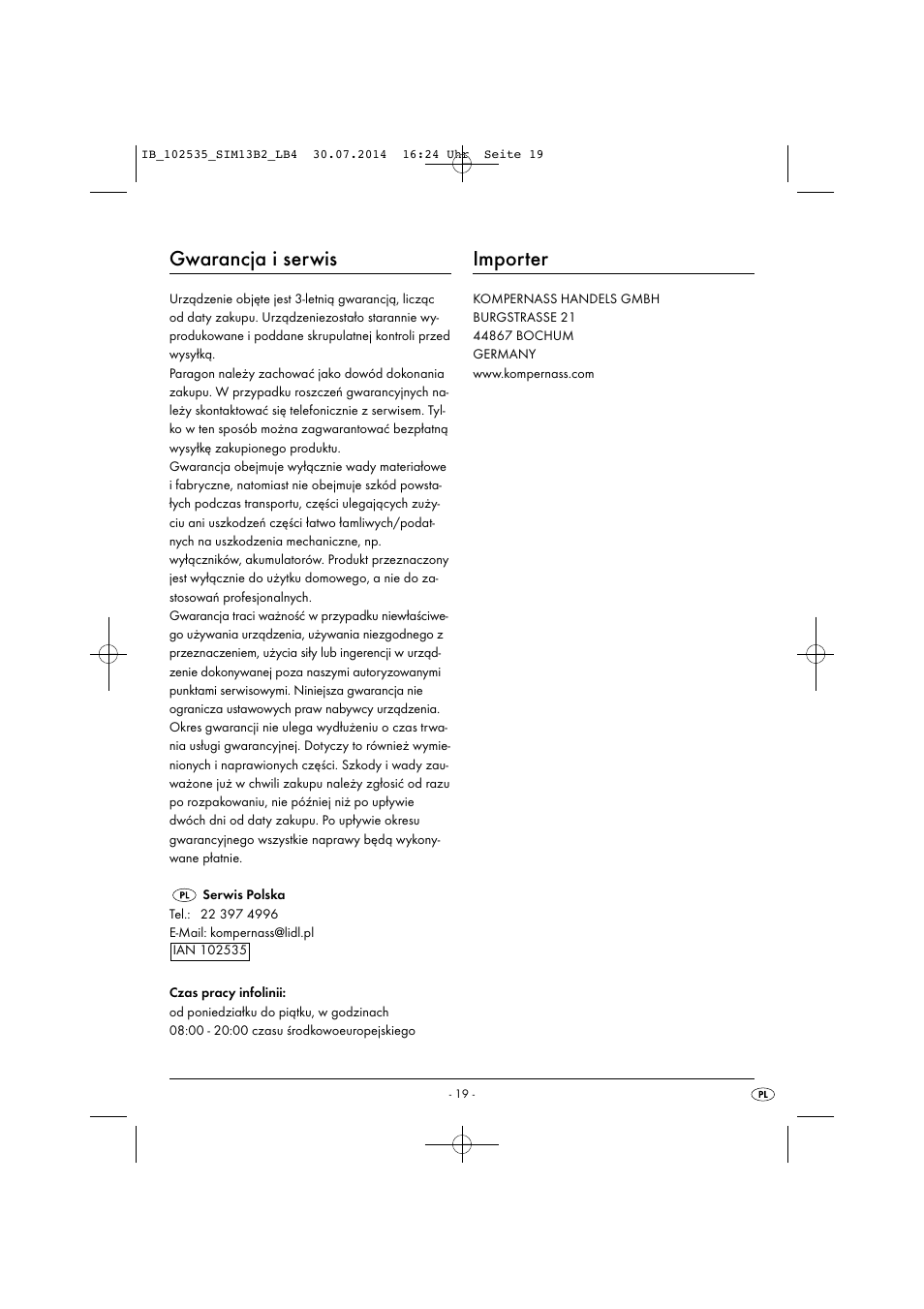 Gwarancja i serwis, Importer | Silvercrest SIM 13 B2 User Manual | Page 22 / 63