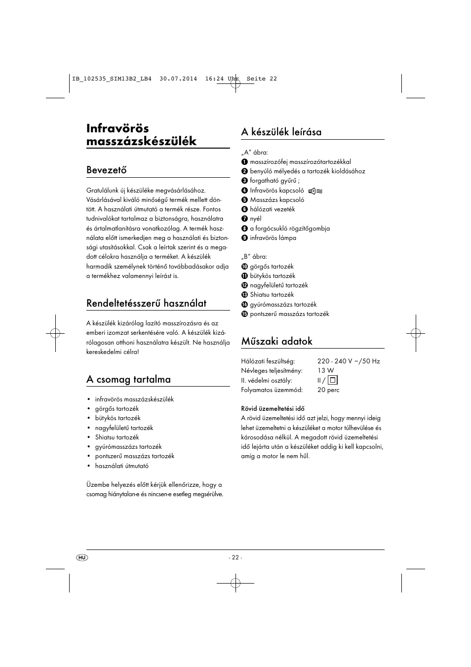 Infravörös masszázskészülék, Bevezető, Rendeltetésszerű használat | A csomag tartalma, A készülék leírása, Műszaki adatok | Silvercrest SIM 13 B2 User Manual | Page 25 / 63