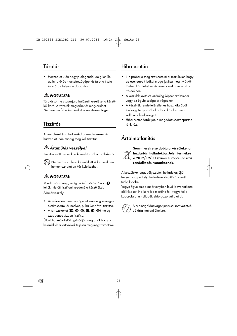 Tárolás, Tisztítás, Hiba esetén | Ártalmatlanítás | Silvercrest SIM 13 B2 User Manual | Page 31 / 63