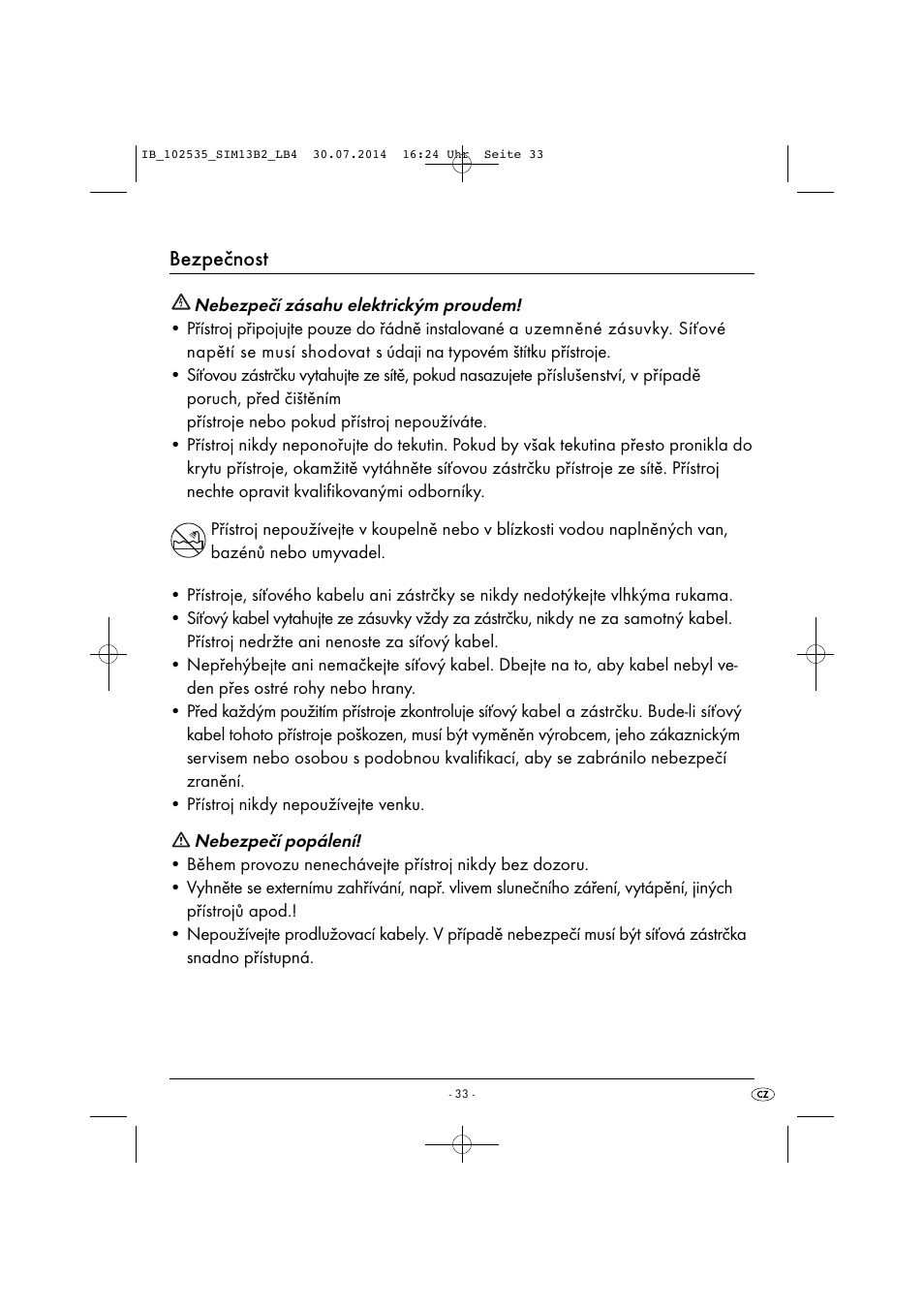 Bezpečnost | Silvercrest SIM 13 B2 User Manual | Page 36 / 63