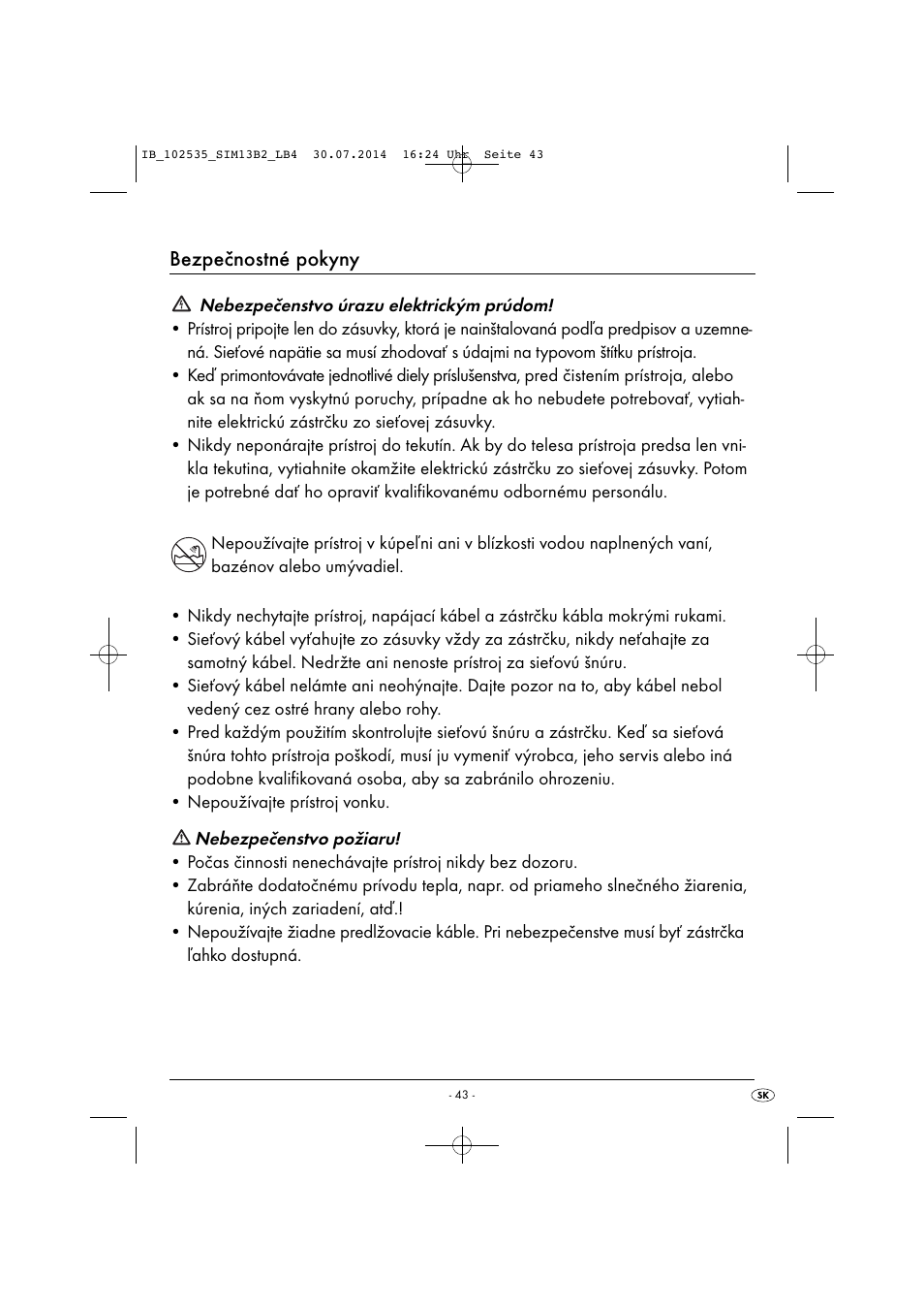 Bezpečnostné pokyny | Silvercrest SIM 13 B2 User Manual | Page 46 / 63