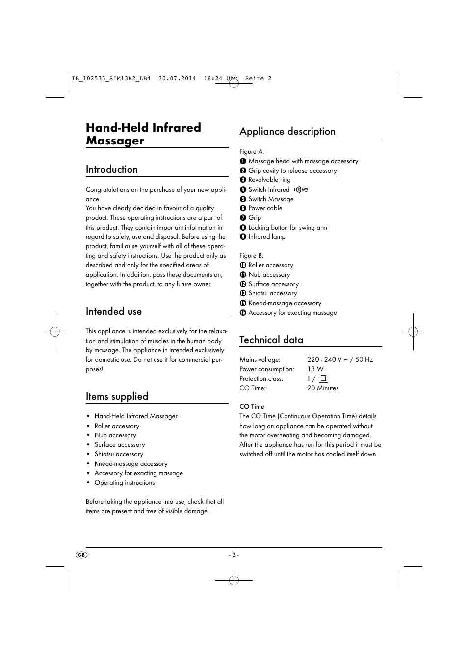 Hand-held infrared massager, Introduction, Intended use | Items supplied, Appliance description, Technical data | Silvercrest SIM 13 B2 User Manual | Page 5 / 63