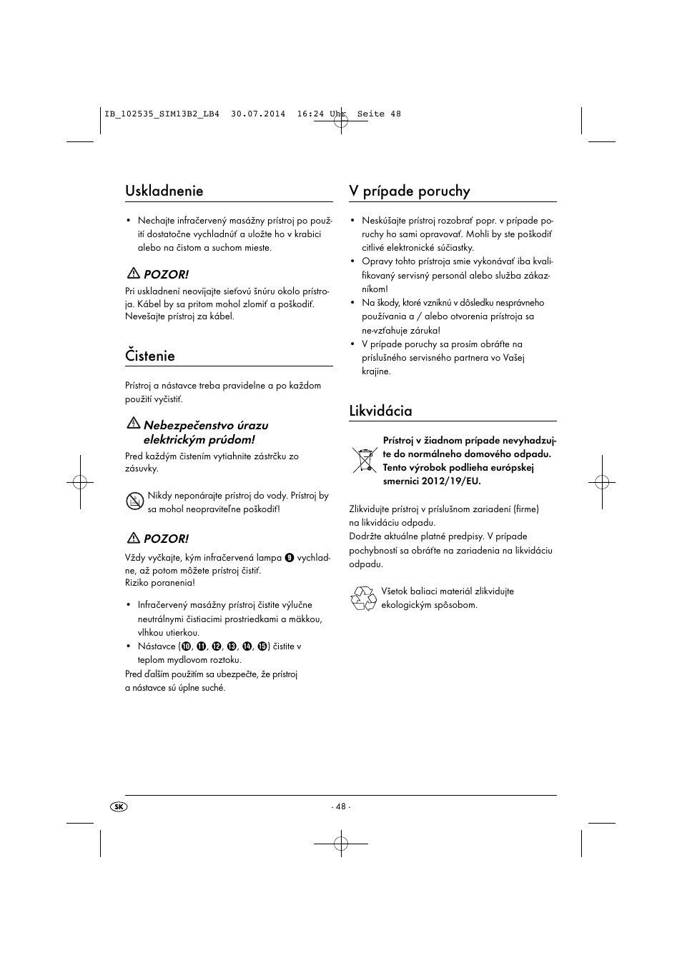 Uskladnenie, Čistenie, V prípade poruchy | Likvidácia | Silvercrest SIM 13 B2 User Manual | Page 51 / 63