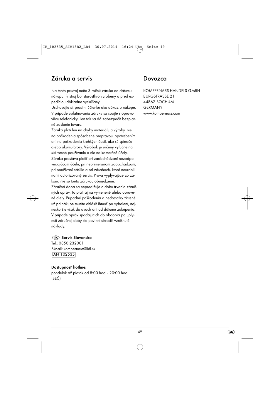 Záruka a servis, Dovozca | Silvercrest SIM 13 B2 User Manual | Page 52 / 63