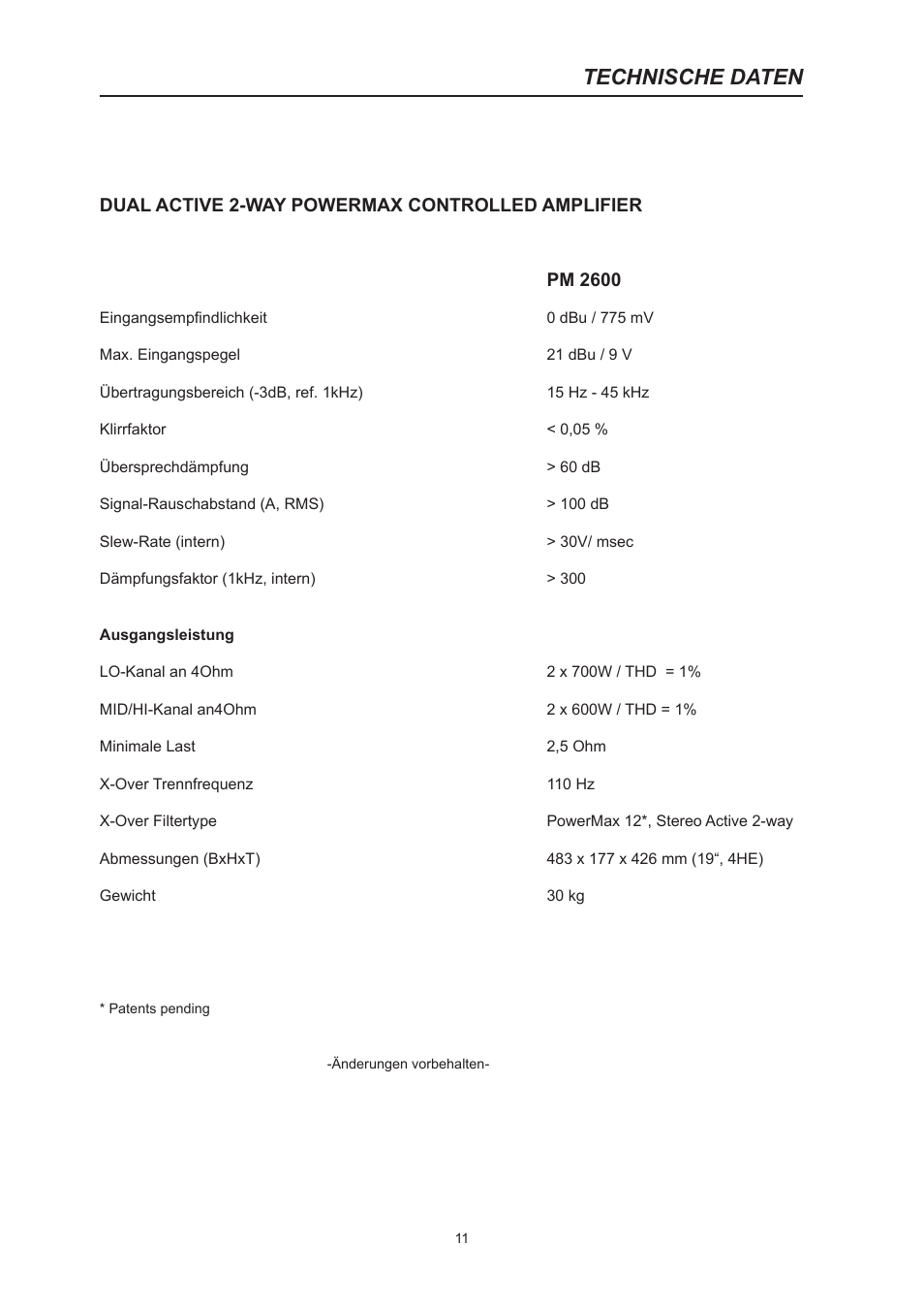 Technische daten | Dynacord PM2600 User Manual | Page 11 / 36