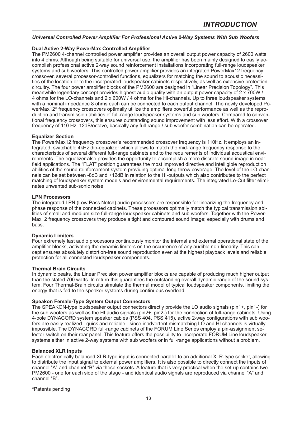 Introduction | Dynacord PM2600 User Manual | Page 13 / 36