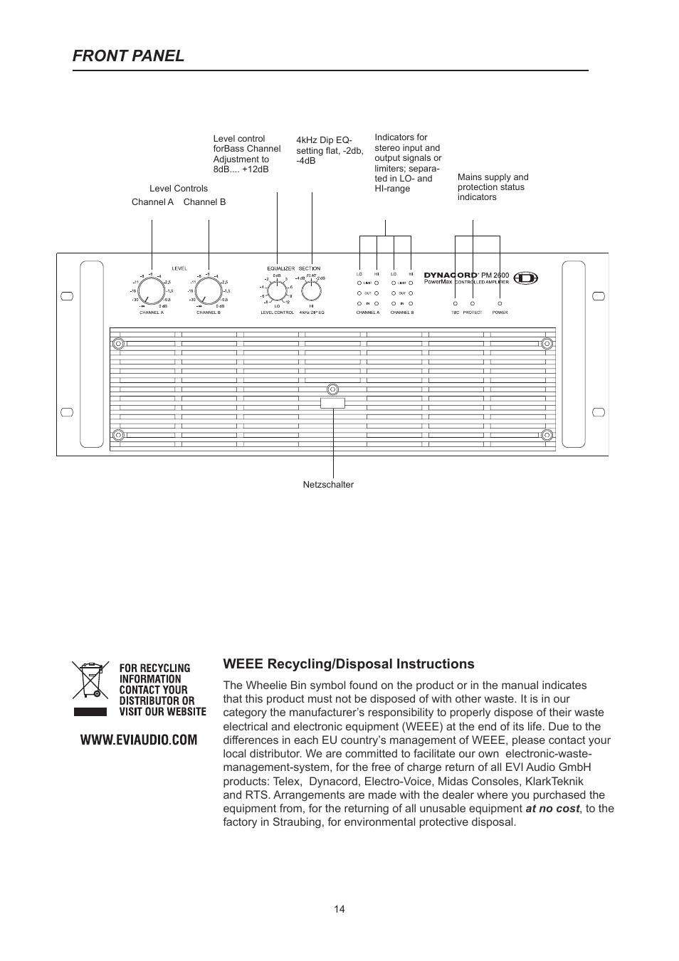 Front panel, Weee recycling/disposal instructions | Dynacord PM2600 User Manual | Page 14 / 36