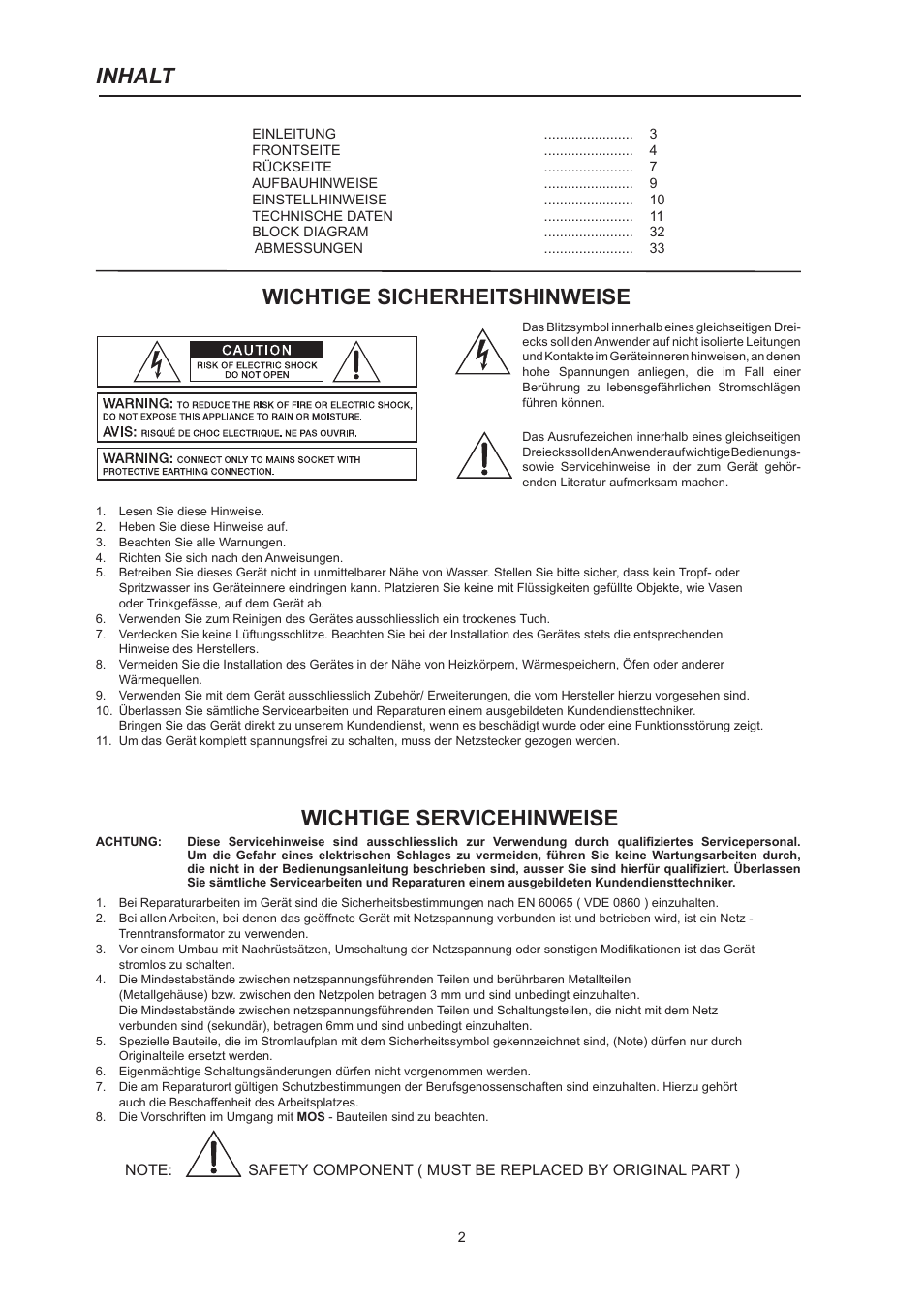 Inhalt, Wichtige servicehinweise, Wichtige sicherheitshinweise | Dynacord PM2600 User Manual | Page 2 / 36