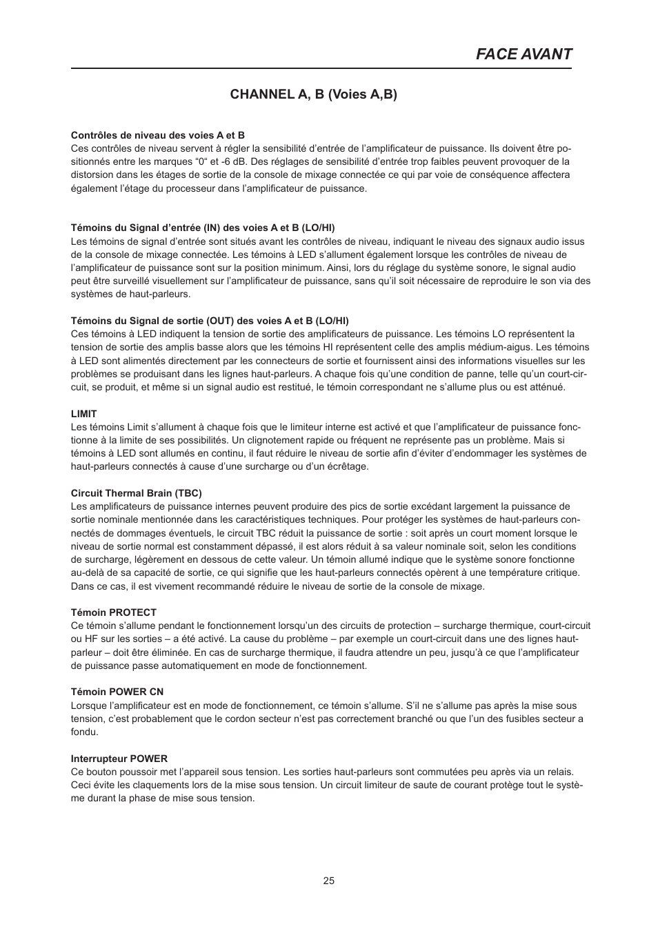 Face avant, Channel a, b (voies a,b) | Dynacord PM2600 User Manual | Page 25 / 36