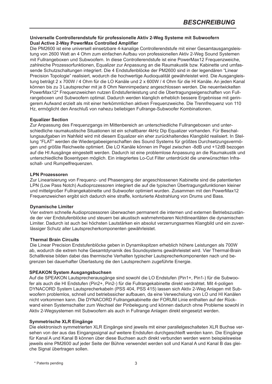 Beschreibung | Dynacord PM2600 User Manual | Page 3 / 36