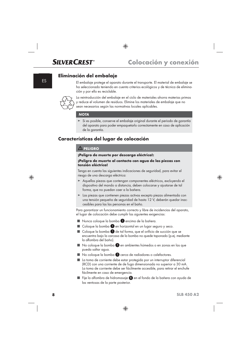 Colocación y conexión, Eliminación del embalaje, Características del lugar de colocación | Silvercrest SLB 450 A2 User Manual | Page 10 / 82