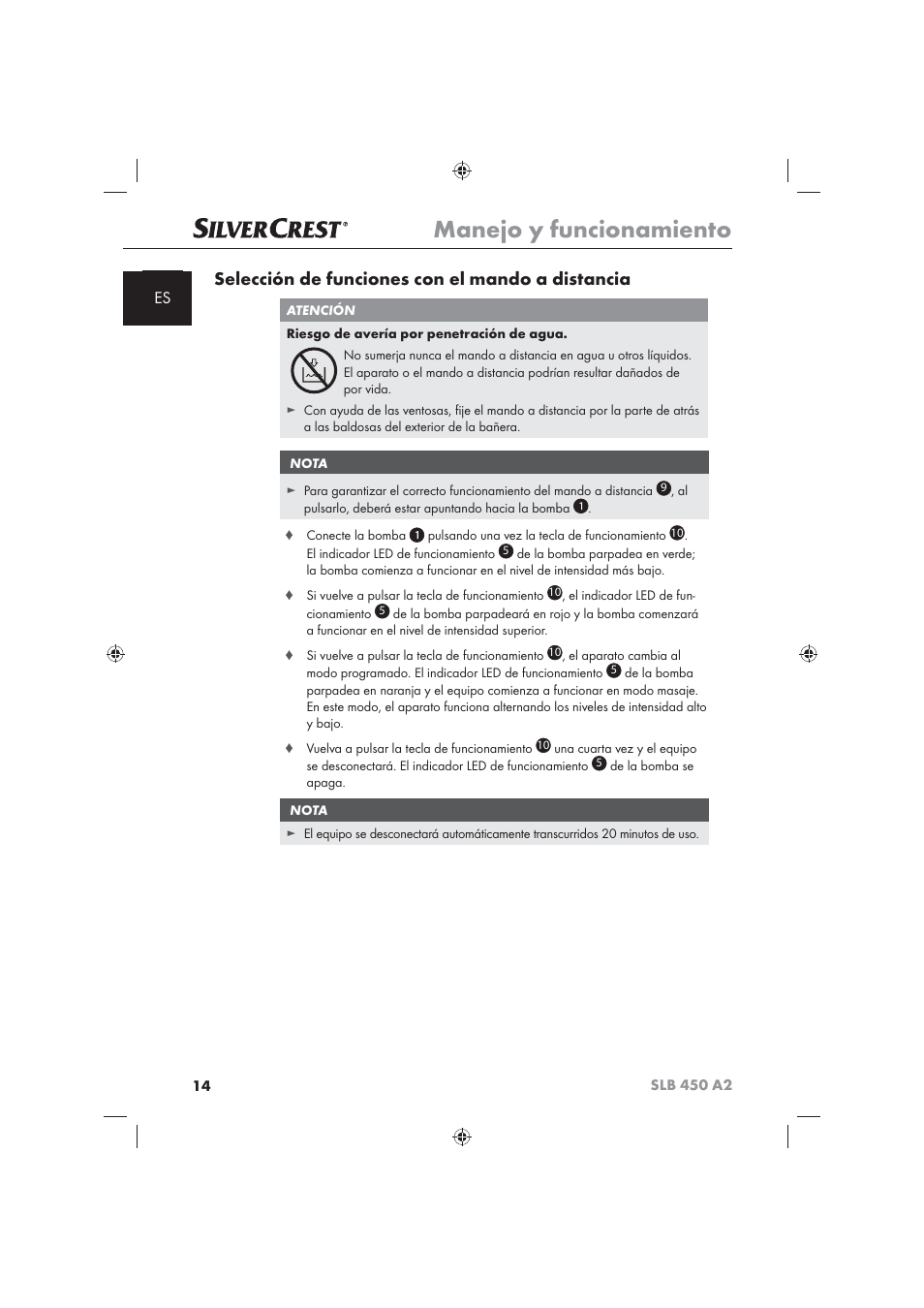Manejo y funcionamiento, Selección de funciones con el mando a distancia | Silvercrest SLB 450 A2 User Manual | Page 16 / 82