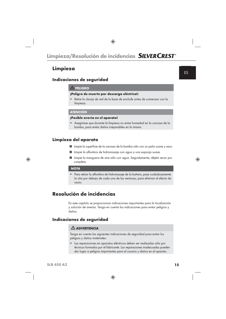 Limpieza/resolución de incidencias, Limpieza, Resolución de incidencias | Indicaciones de seguridad, Limpieza del aparato | Silvercrest SLB 450 A2 User Manual | Page 17 / 82