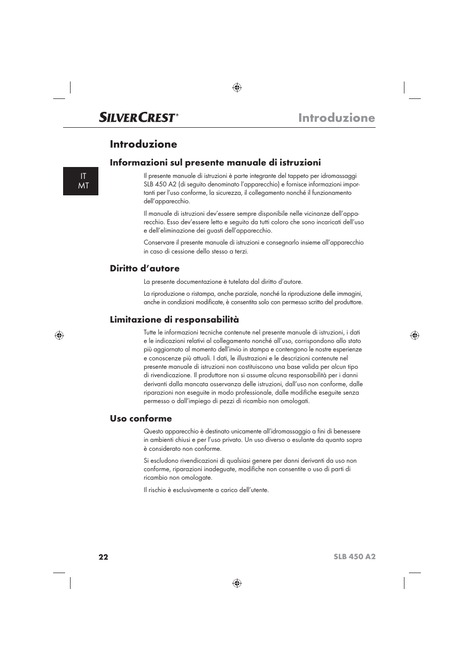 Introduzione, Informazioni sul presente manuale di istruzioni, Diritto d’autore | Limitazione di responsabilità, Uso conforme, It mt | Silvercrest SLB 450 A2 User Manual | Page 24 / 82