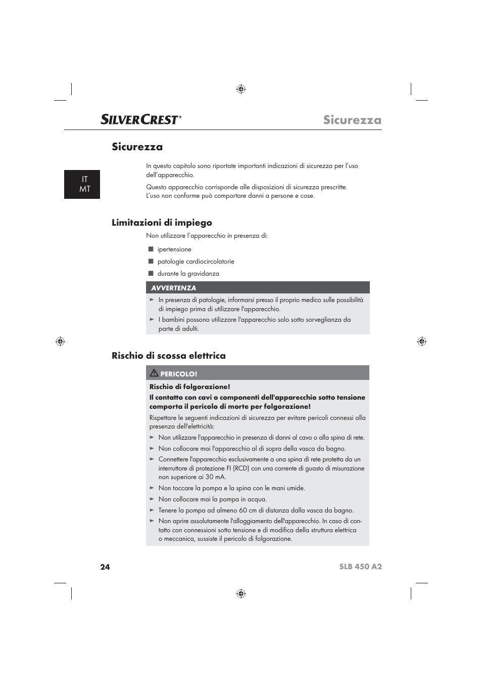 Sicurezza, Limitazioni di impiego, Rischio di scossa elettrica | It mt | Silvercrest SLB 450 A2 User Manual | Page 26 / 82