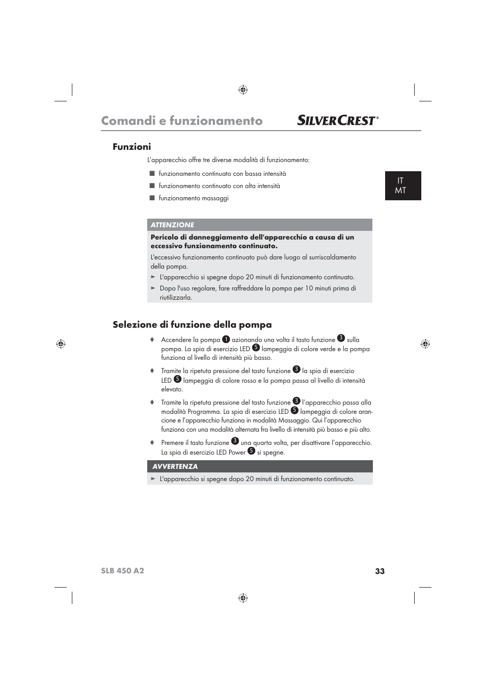 Comandi e funzionamento, Funzioni, Selezione di funzione della pompa | It mt | Silvercrest SLB 450 A2 User Manual | Page 35 / 82