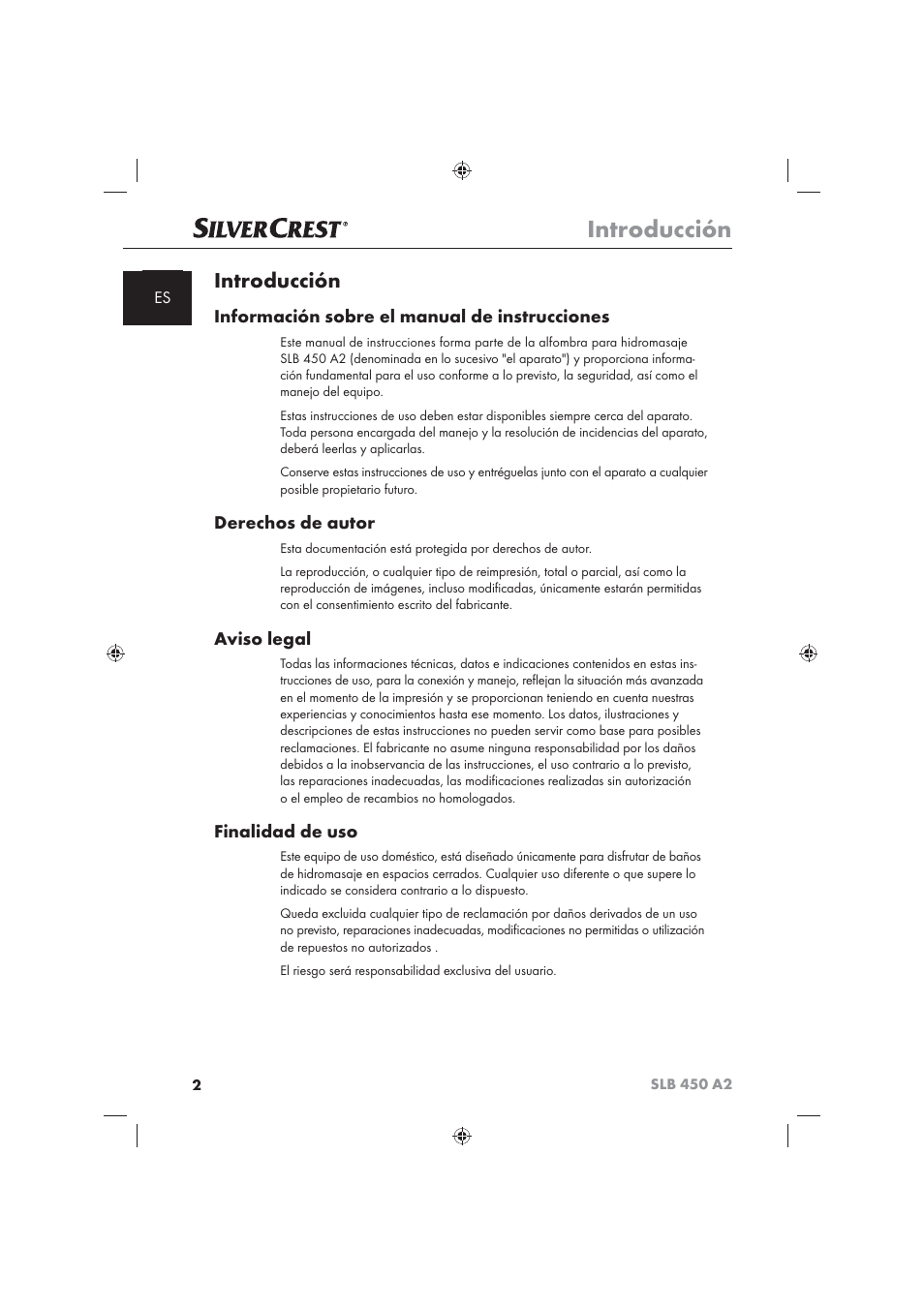 Introducción, Información sobre el manual de instrucciones, Derechos de autor | Aviso legal, Finalidad de uso | Silvercrest SLB 450 A2 User Manual | Page 4 / 82