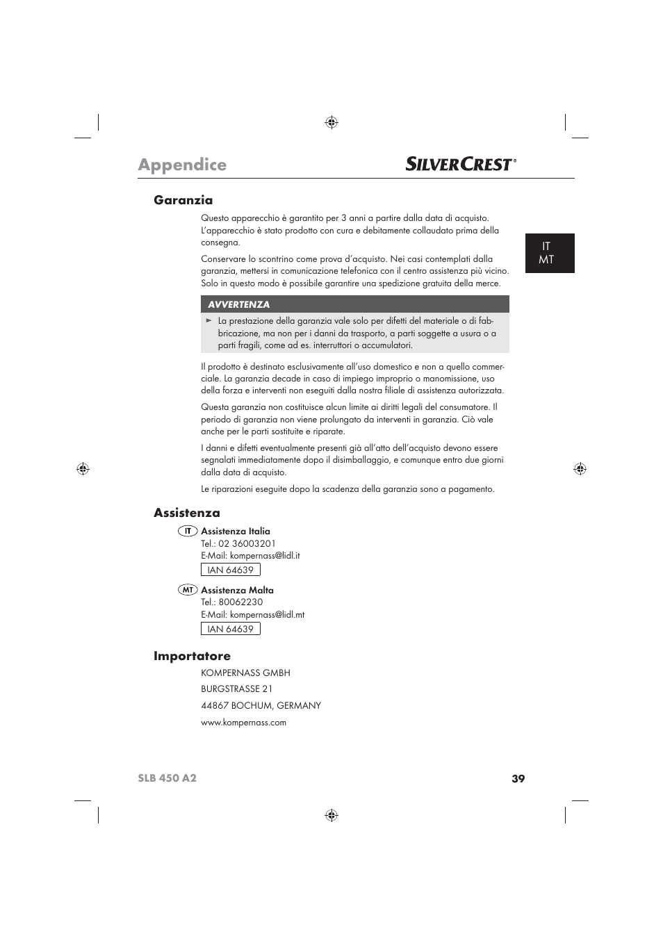 Appendice, Garanzia, Assistenza | Importatore, It mt | Silvercrest SLB 450 A2 User Manual | Page 41 / 82