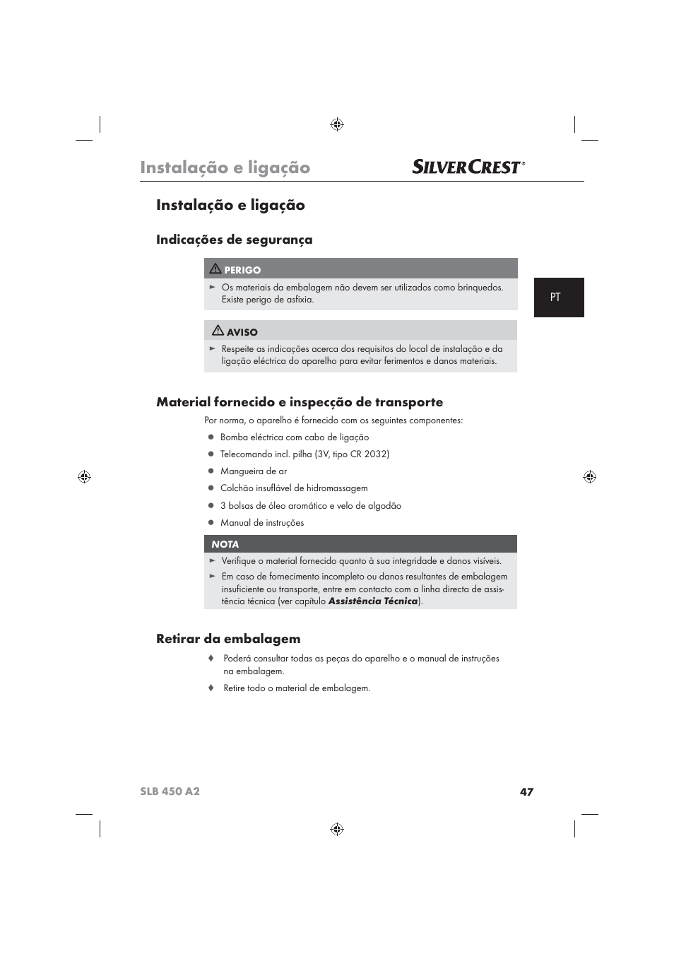 Instalação e ligação, Indicações de segurança, Material fornecido e inspecção de transporte | Retirar da embalagem | Silvercrest SLB 450 A2 User Manual | Page 49 / 82