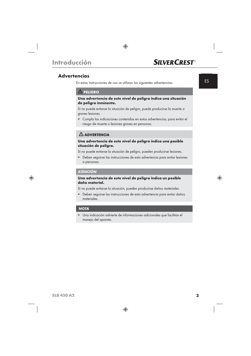 Introducción, Advertencias | Silvercrest SLB 450 A2 User Manual | Page 5 / 82