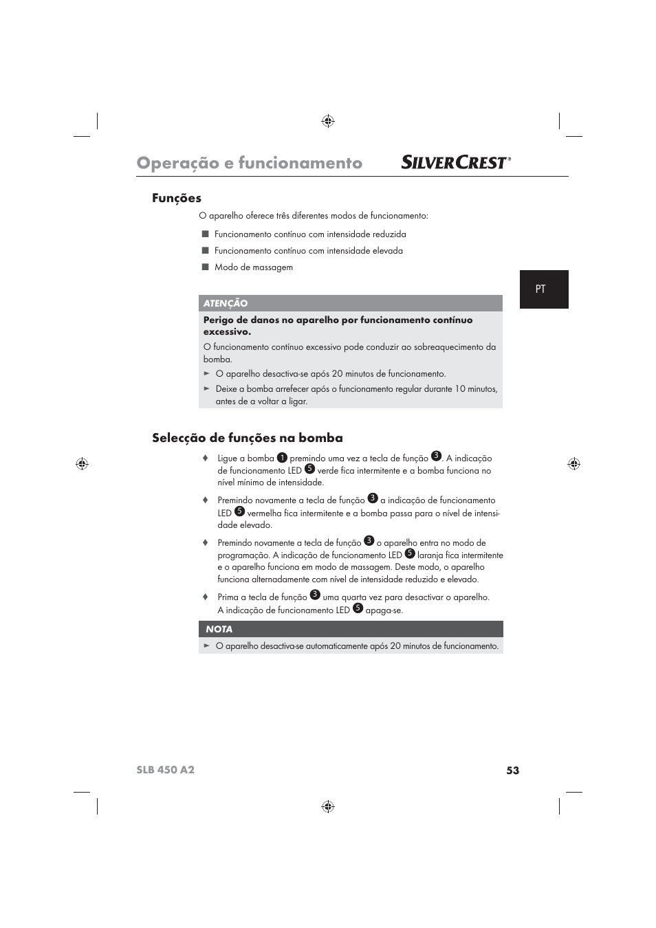 Operação e funcionamento, Funções, Selecção de funções na bomba | Silvercrest SLB 450 A2 User Manual | Page 55 / 82