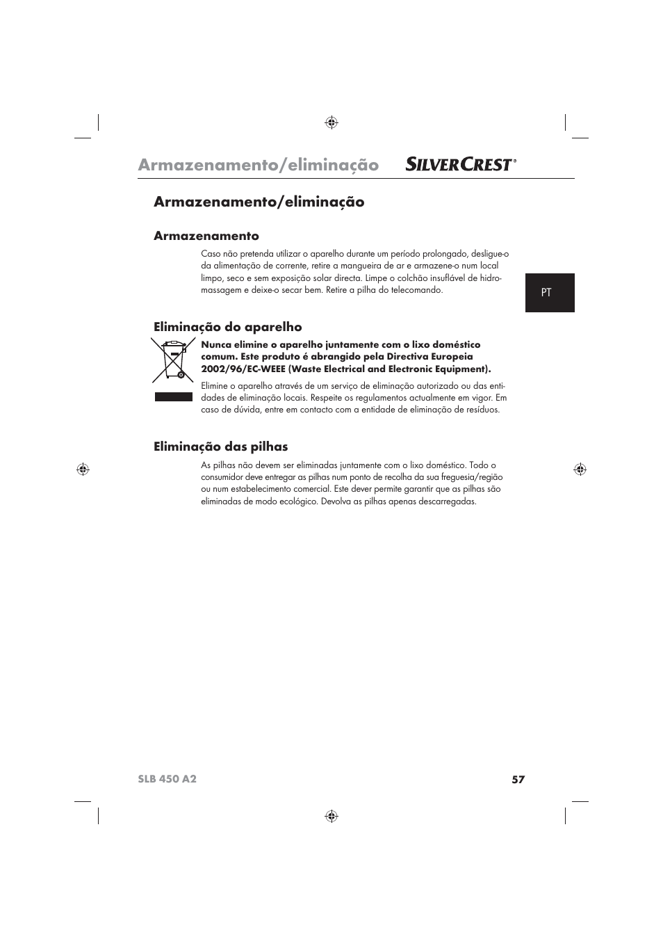 Armazenamento/eliminação, Armazenamento, Eliminação do aparelho | Eliminação das pilhas | Silvercrest SLB 450 A2 User Manual | Page 59 / 82