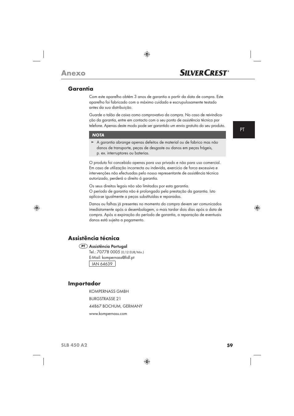 Anexo, Garantia, Assistência técnica | Importador | Silvercrest SLB 450 A2 User Manual | Page 61 / 82