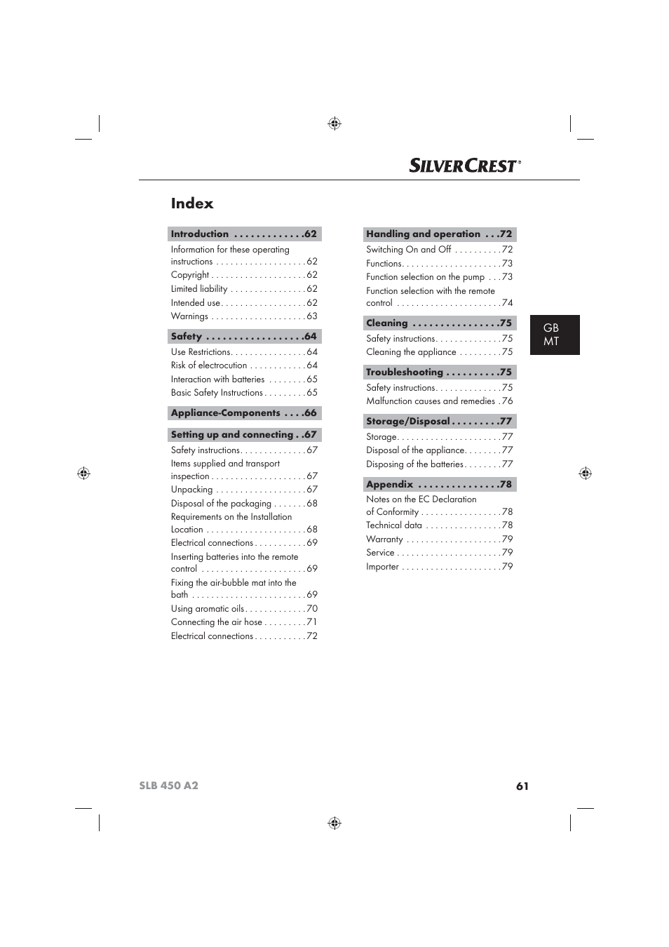 Index, Gb mt | Silvercrest SLB 450 A2 User Manual | Page 63 / 82