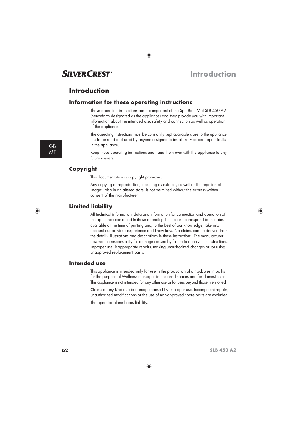 Introduction, Information for these operating instructions, Copyright | Limited liability, Intended use, Gb mt | Silvercrest SLB 450 A2 User Manual | Page 64 / 82