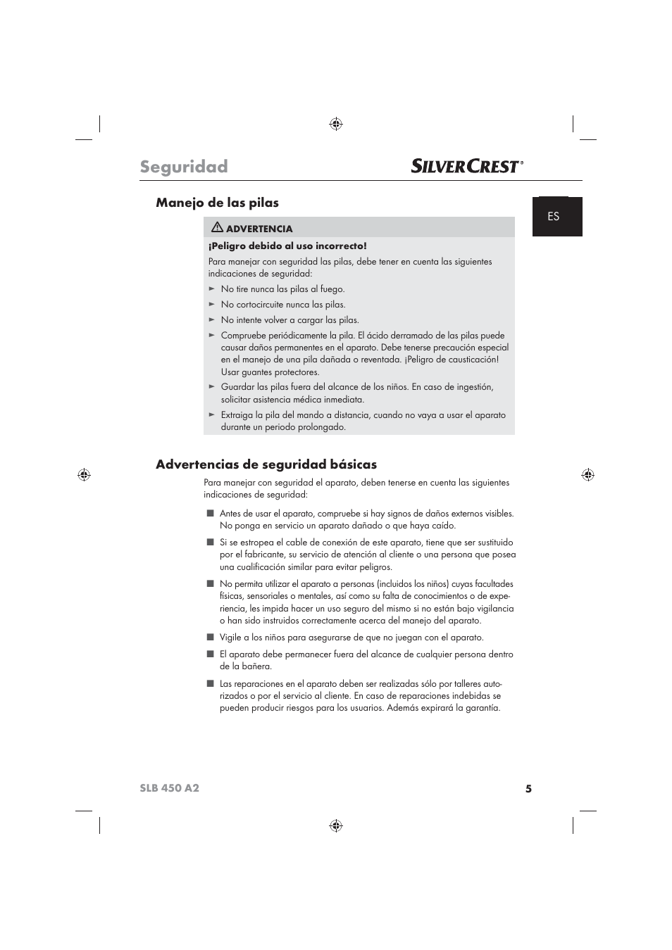 Seguridad, Manejo de las pilas, Advertencias de seguridad básicas | Silvercrest SLB 450 A2 User Manual | Page 7 / 82