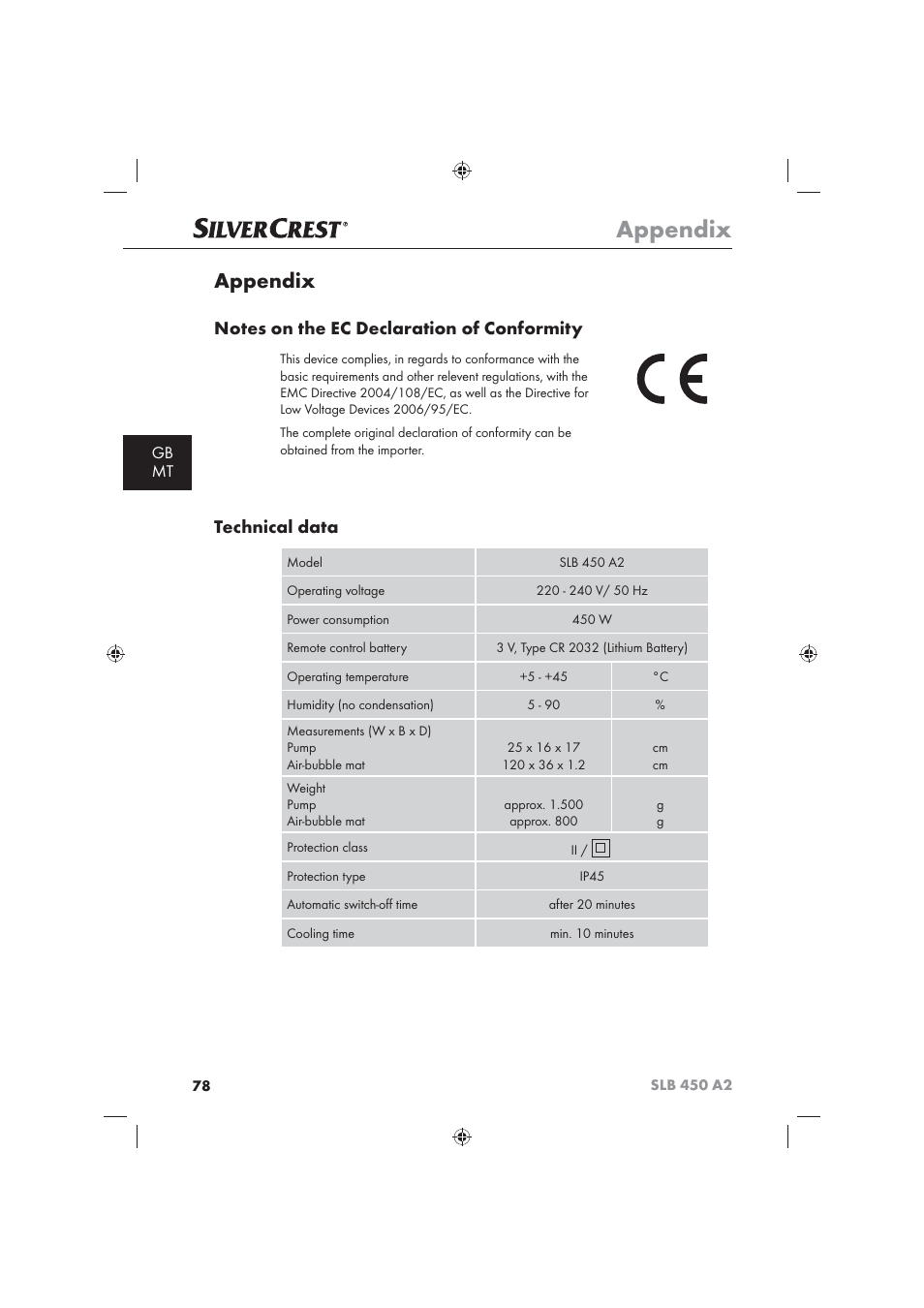 Appendix, Technical data, Gb mt | Silvercrest SLB 450 A2 User Manual | Page 80 / 82