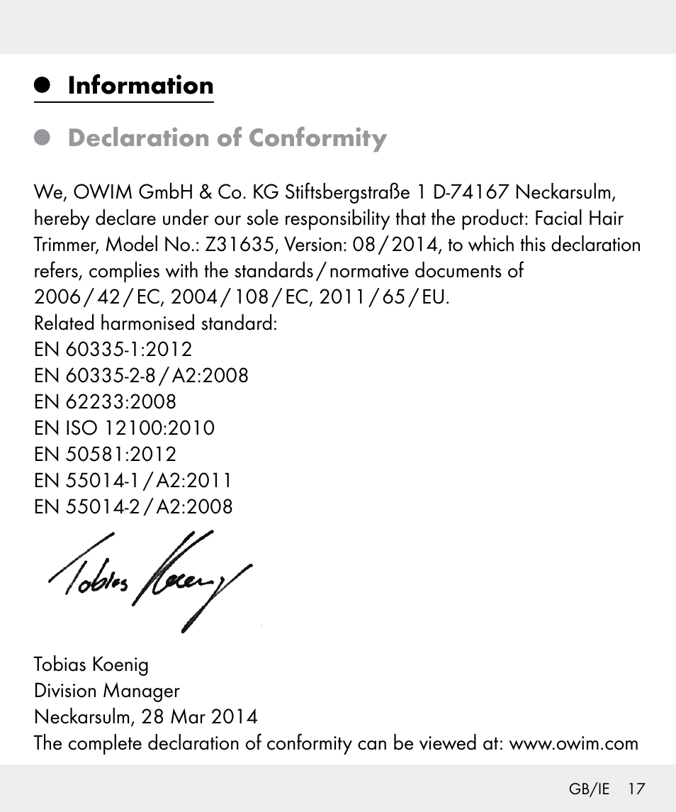 Information declaration of conformity | Silvercrest Z31635 User Manual | Page 17 / 95