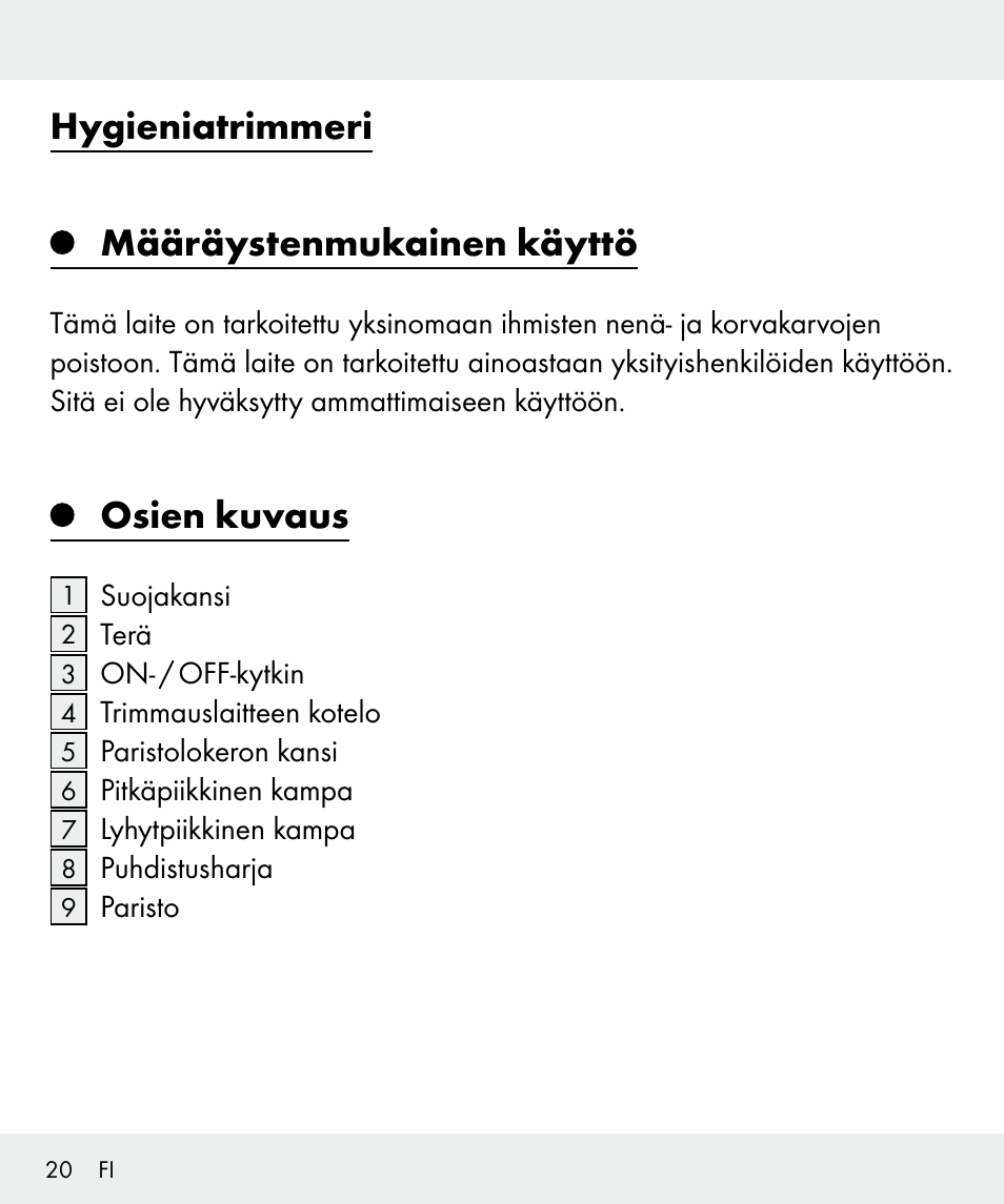 Hygieniatrimmeri määräystenmukainen käyttö, Osien kuvaus | Silvercrest Z31635 User Manual | Page 20 / 95