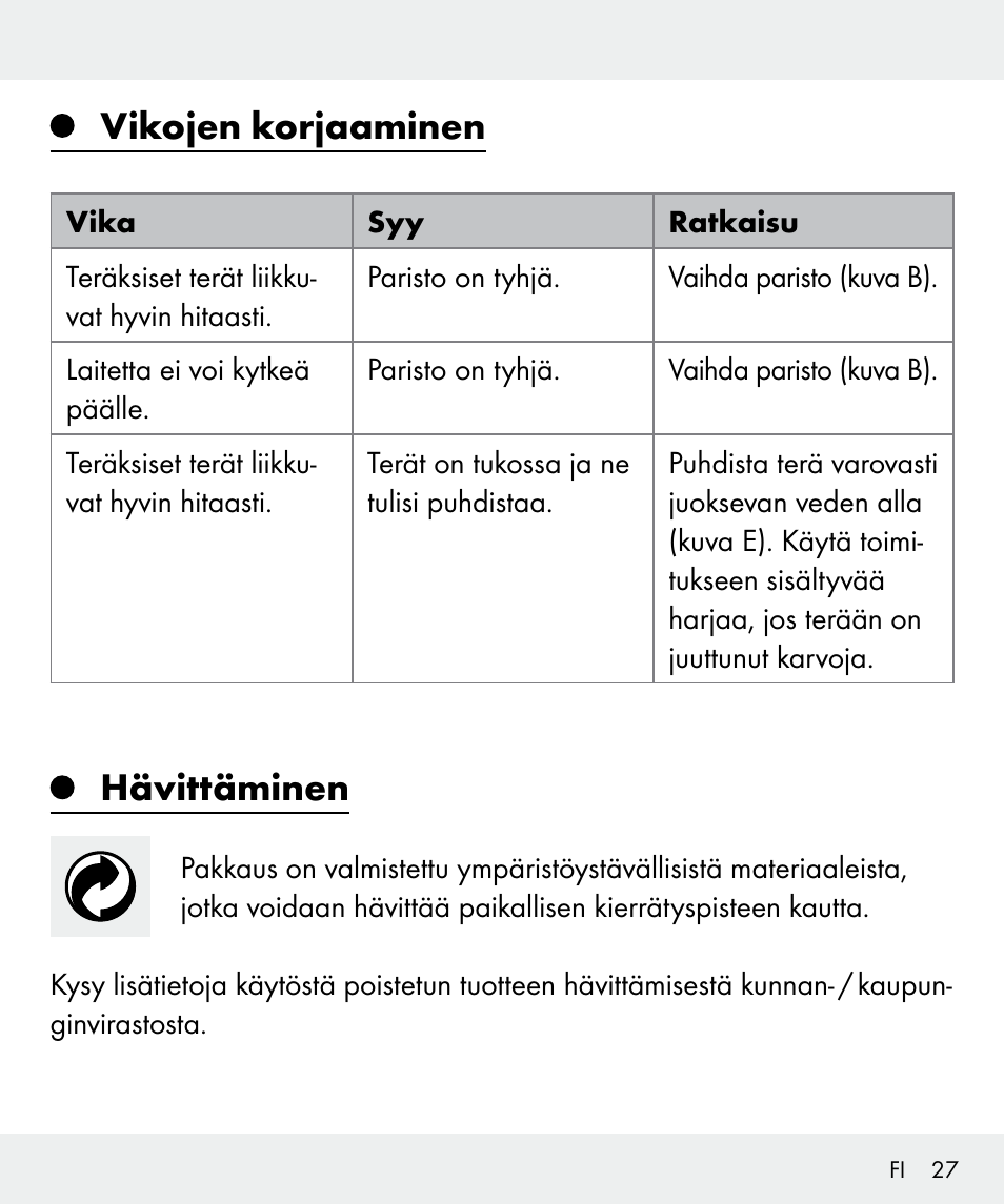 Vikojen korjaaminen, Hävittäminen | Silvercrest Z31635 User Manual | Page 27 / 95