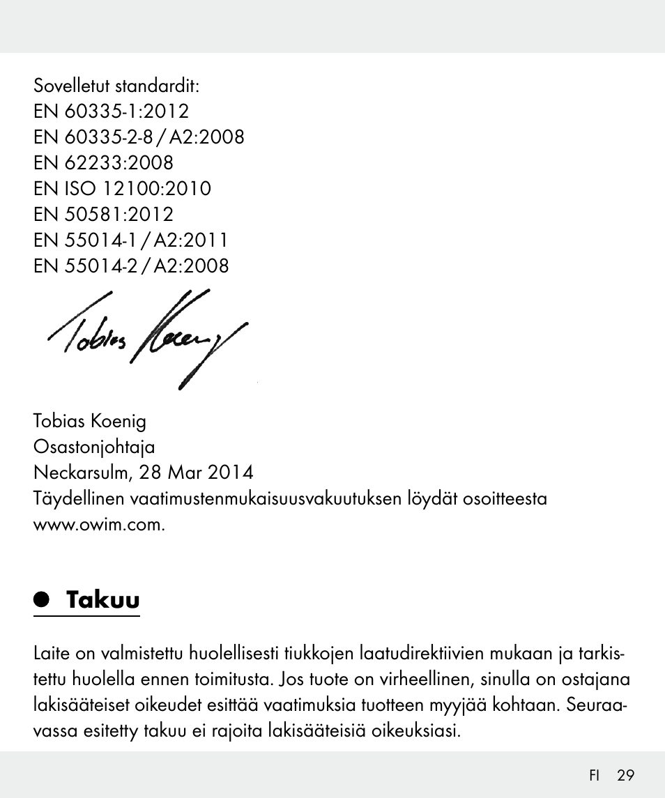 Takuu | Silvercrest Z31635 User Manual | Page 29 / 95