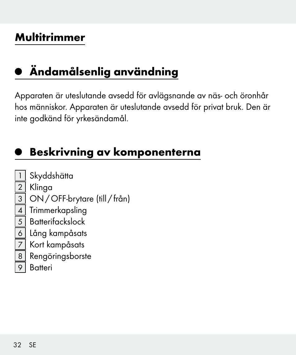 Multitrimmer ändamålsenlig användning, Beskrivning av komponenterna | Silvercrest Z31635 User Manual | Page 32 / 95