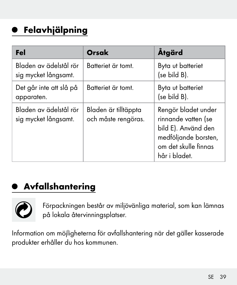 Felavhjälpning, Avfallshantering | Silvercrest Z31635 User Manual | Page 39 / 95