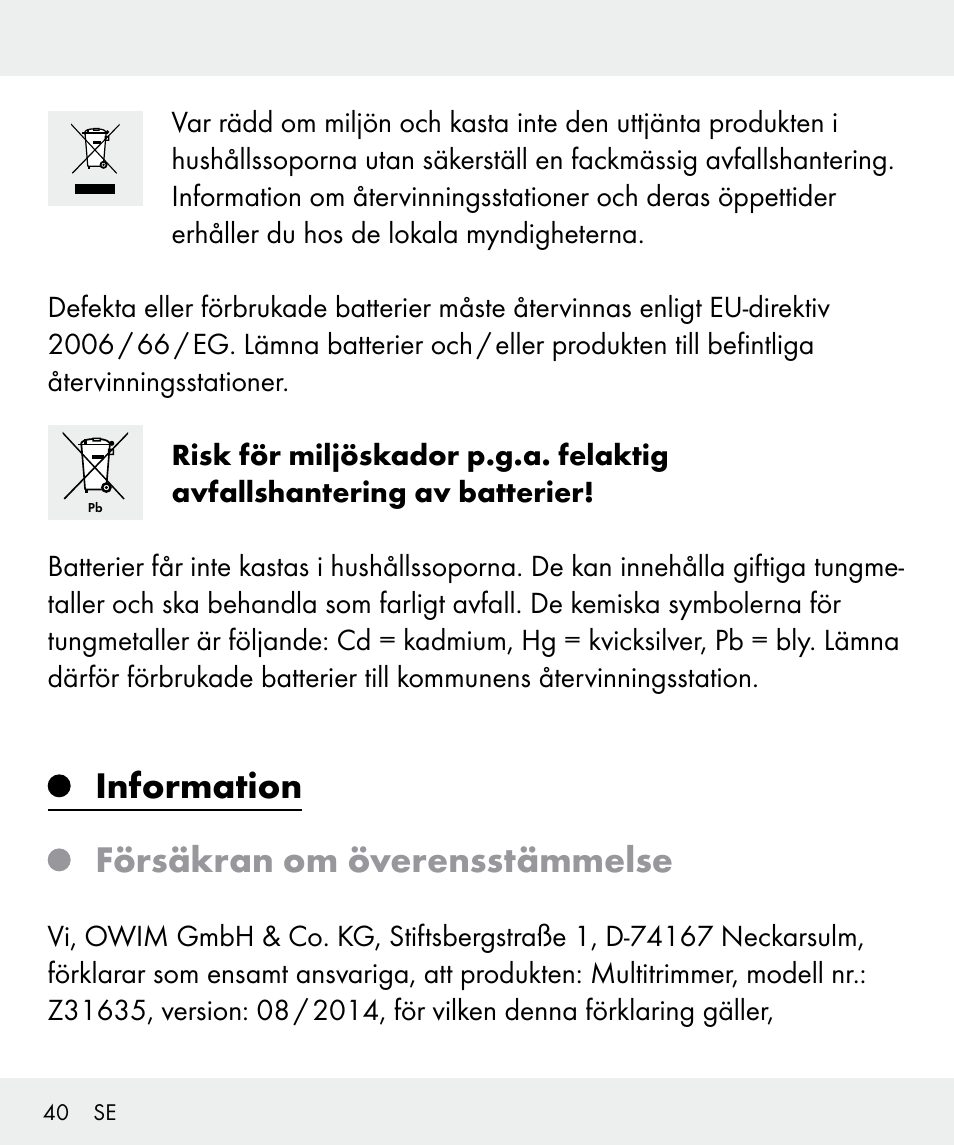 Information försäkran om överensstämmelse | Silvercrest Z31635 User Manual | Page 40 / 95