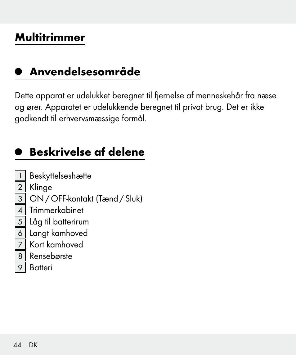 Multitrimmer anvendelsesområde, Beskrivelse af delene | Silvercrest Z31635 User Manual | Page 44 / 95