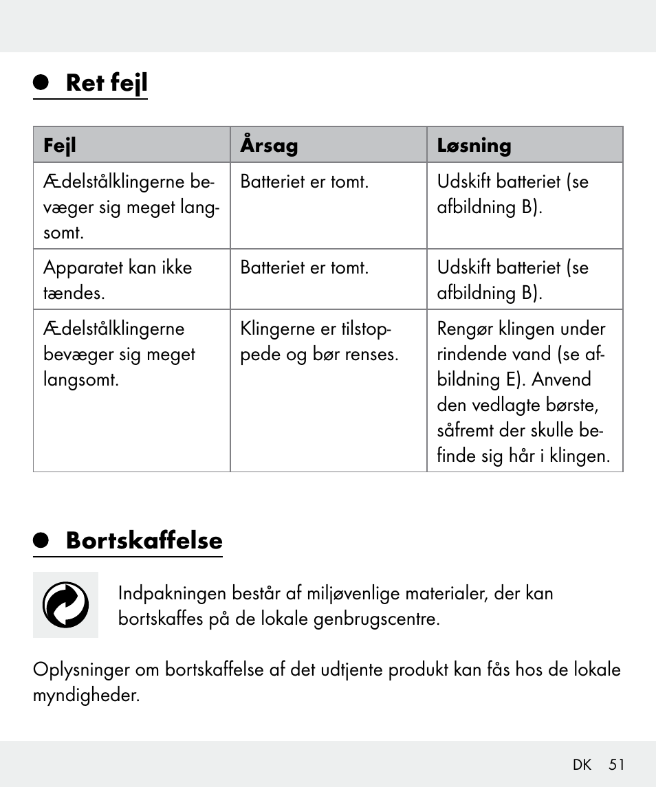 Ret fejl, Bortskaffelse | Silvercrest Z31635 User Manual | Page 51 / 95