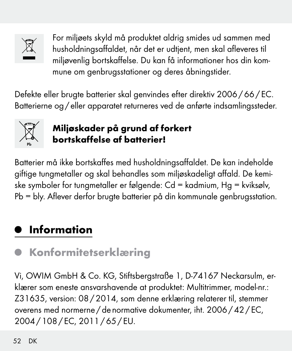 Information konformitetserklæring | Silvercrest Z31635 User Manual | Page 52 / 95