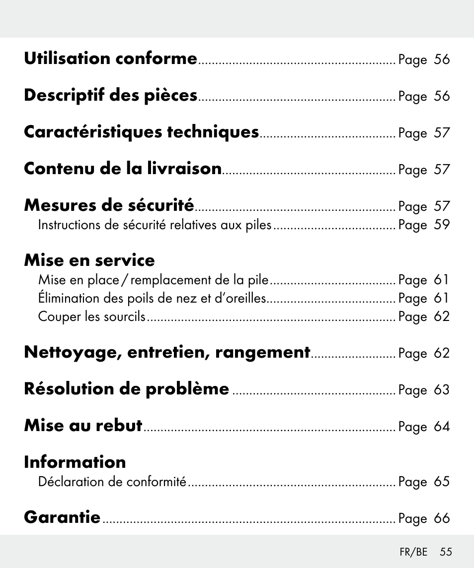 Utilisation conforme, Descriptif des pièces, Caractéristiques techniques | Contenu de la livraison, Mesures de sécurité, Mise en service, Nettoyage, entretien, rangement, Résolution de problème, Mise au rebut, Information | Silvercrest Z31635 User Manual | Page 55 / 95