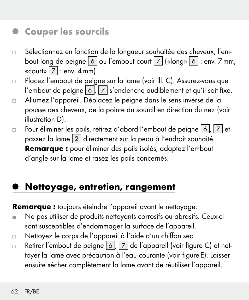 Couper les sourcils, Nettoyage, entretien, rangement | Silvercrest Z31635 User Manual | Page 62 / 95