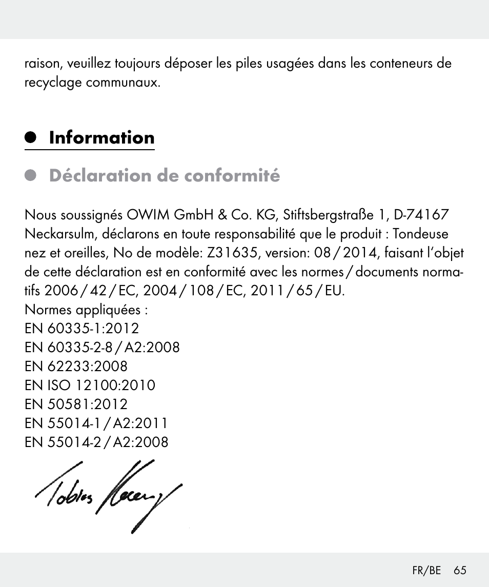 Information déclaration de conformité | Silvercrest Z31635 User Manual | Page 65 / 95