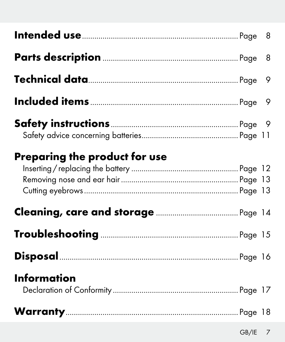 Intended use, Parts description, Technical data | Included items, Safety instructions, Preparing the product for use, Cleaning, care and storage, Troubleshooting, Disposal, Information | Silvercrest Z31635 User Manual | Page 7 / 95