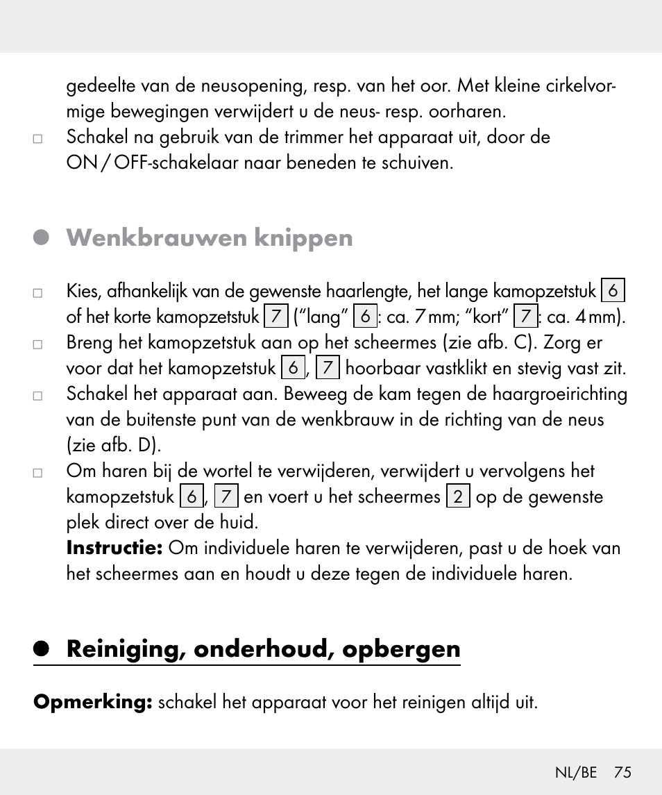 Wenkbrauwen knippen, Reiniging, onderhoud, opbergen | Silvercrest Z31635 User Manual | Page 75 / 95