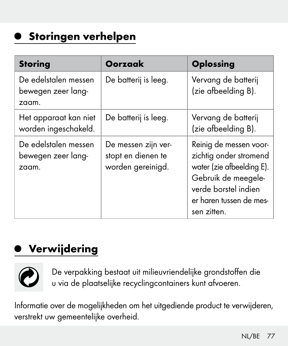 Storingen verhelpen, Verwijdering | Silvercrest Z31635 User Manual | Page 77 / 95