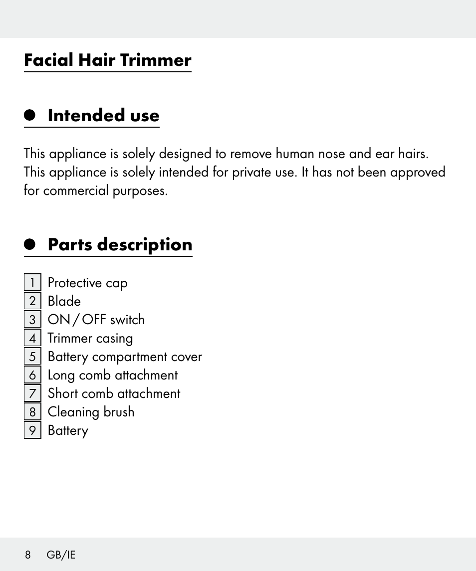 Facial hair trimmer intended use, Parts description | Silvercrest Z31635 User Manual | Page 8 / 95
