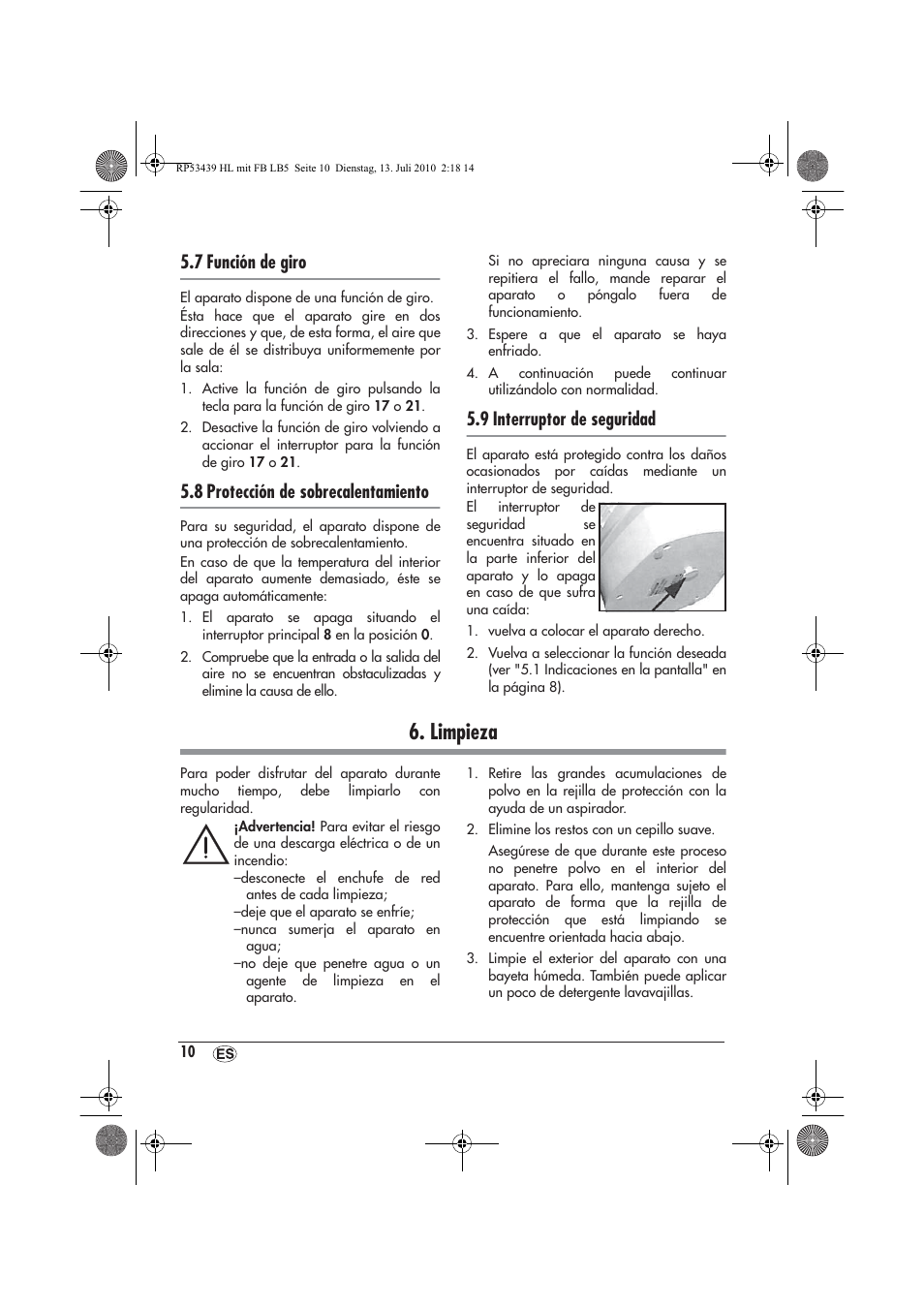 Limpieza, 7 función de giro, 8 protección de sobrecalentamiento | 9 interruptor de seguridad | Silvercrest SHLF 2000 A1 User Manual | Page 12 / 58