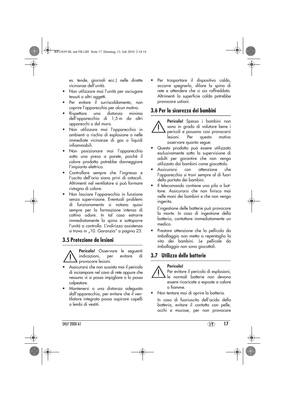 5 protezione da lesioni, 6 per la sicurezza dei bambini, 7 utilizzo delle batterie | Silvercrest SHLF 2000 A1 User Manual | Page 19 / 58